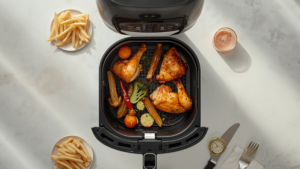 Air Fryer Cooking Times by Food Type: Chicken, Vegetables, Fish, and Frozen Foods — Complete Guide 11 Air fryer basket with golden chicken vegetables and fries showing air fryer cooking times by food type guide