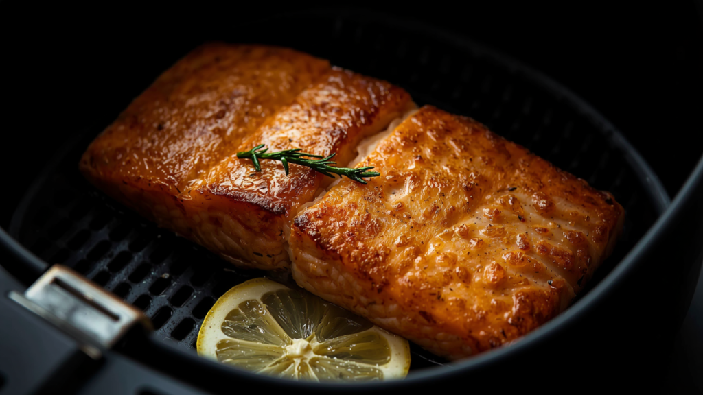 Golden crispy salmon fillet with herbs in air fryer basket showing air fryer fish cooking times and temperatures