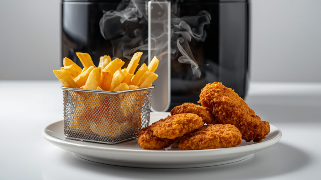Crispy golden french fries and chicken nuggets from air fryer basket showing frozen food air fryer cooking times