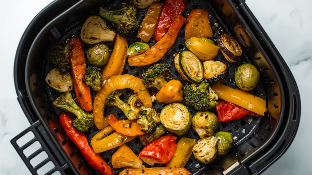 Colourful roasted broccoli bell peppers and Brussels sprouts in air fryer basket showing air fryer vegetable cooking times