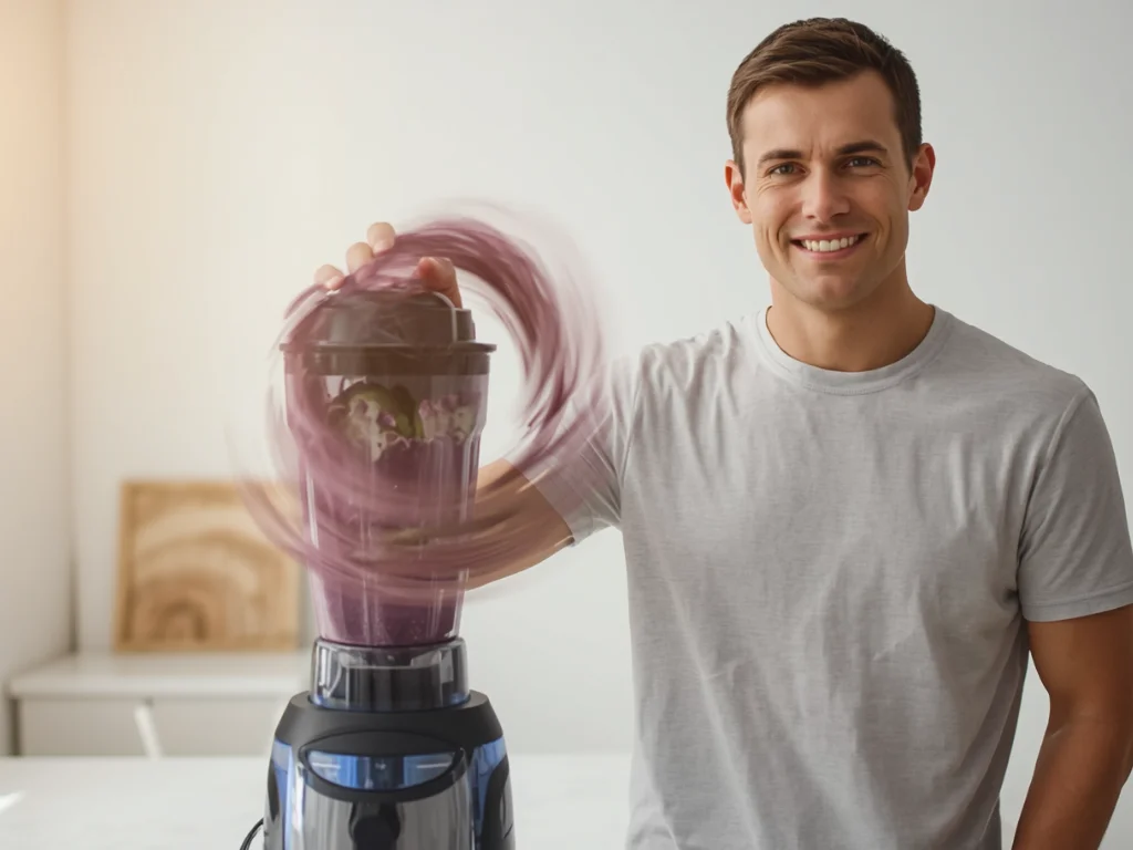 How to Fix a Blender Blade That Won’t Spin (6 Easy Fixes That Actually Work) 14 Person standing confidently beside a blender with blades spinning again, successfully making a smoothie after fixing the blade