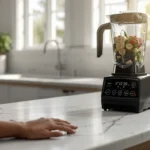 How to Fix a Blender Blade That Won’t Spin (6 Easy Fixes That Actually Work) 3 Person frustrated beside a running blender whose blade won't spin, on a modern kitchen countertop
