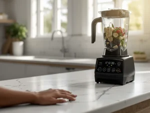 How to Fix a Blender Blade That Won’t Spin (6 Easy Fixes That Actually Work) 3 Person frustrated beside a running blender whose blade won't spin, on a modern kitchen countertop