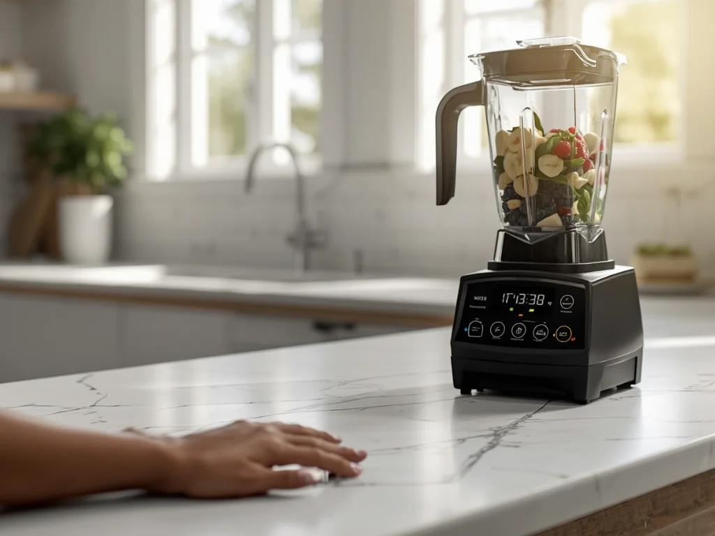 How to Fix a Blender Blade That Won’t Spin (6 Easy Fixes That Actually Work) 1 Person frustrated beside a running blender whose blade won't spin, on a modern kitchen countertop