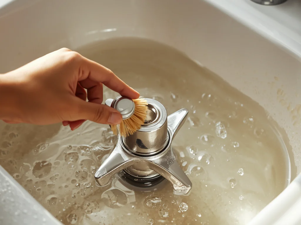 How to Fix a Blender Blade That Won’t Spin (6 Easy Fixes That Actually Work) 7 Person scrubbing a blender blade assembly with a bottle brush in soapy water to remove food buildup causing the blade to get stuck`