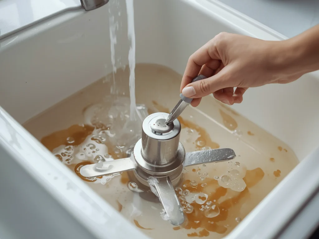 How to Fix a Blender Blade That Won’t Spin (6 Easy Fixes That Actually Work) 8 Person scrubbing a blender blade assembly with a bottle brush in soapy water to remove food buildup causing the blade to get stuck`