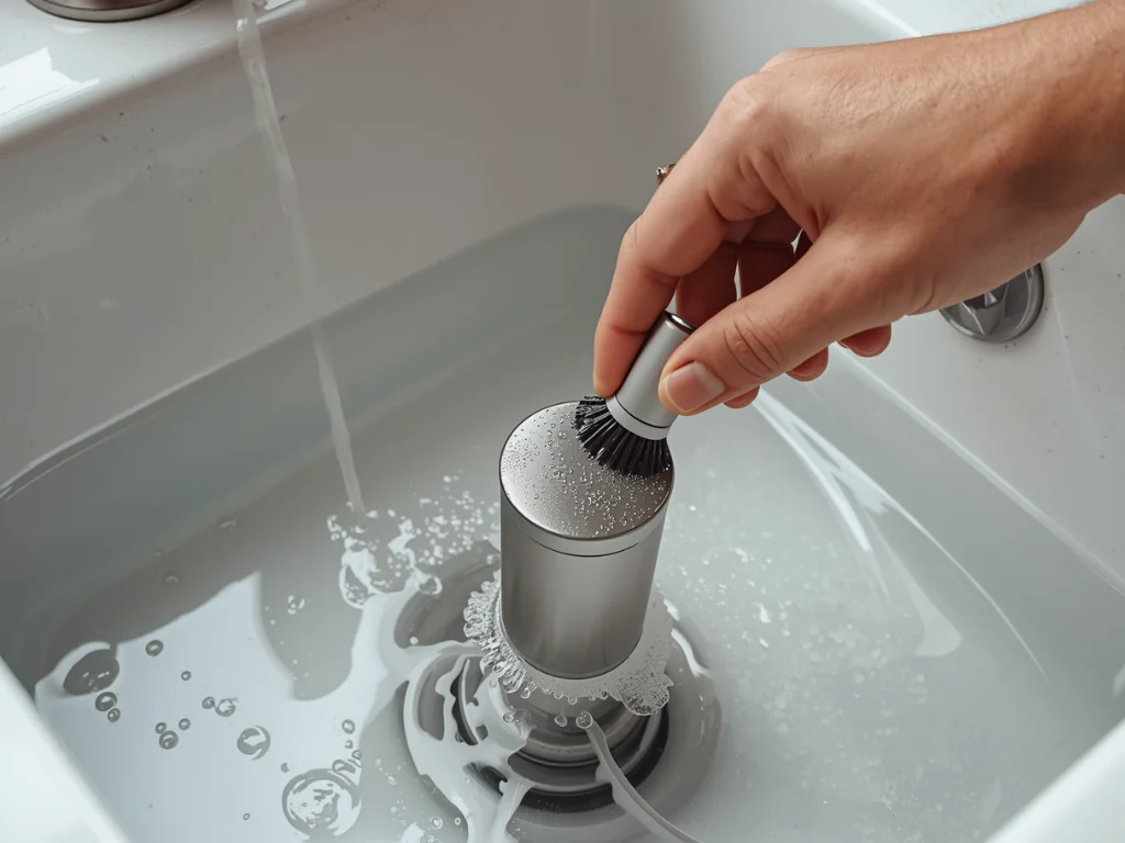 How to Fix a Blender Blade That Won’t Spin (6 Easy Fixes That Actually Work) 9 Person scrubbing a blender blade assembly with a bottle brush in soapy water to remove food buildup causing the blade to get stuck`