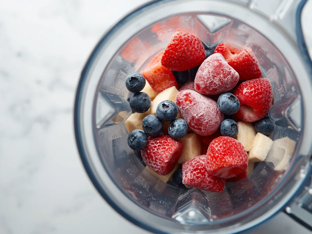 How to Fix a Blender Blade That Won’t Spin (6 Easy Fixes That Actually Work) 3 Blender jug packed with frozen fruit and no liquid, showing a common cause of a blender blade getting stuck`