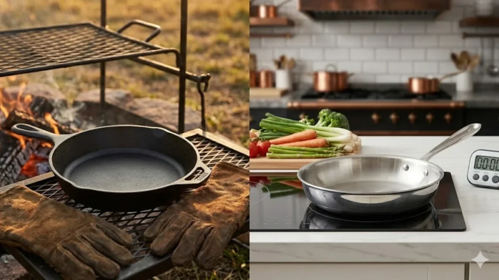 A split mage of Cast-iron and stainless steal cookware visually defining  the target audience for each pan