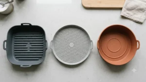 Top-down flat lay photo of three air fryer liners side by side on a clean kitchen counter: a grooved silicone basket liner, a perforated mesh silicone liner, and a solid bowl-shaped silicone liner.