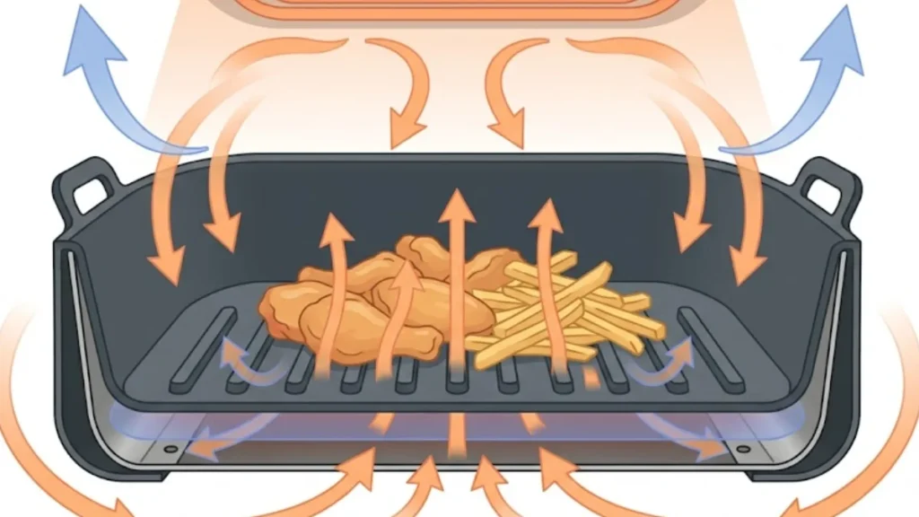 Simple cutaway side-view illustration of an air fryer basket showing hot air arrows flowing upward through perforated holes around food, with a faint silicone liner layer shown blocking some of the airflow at the base. 