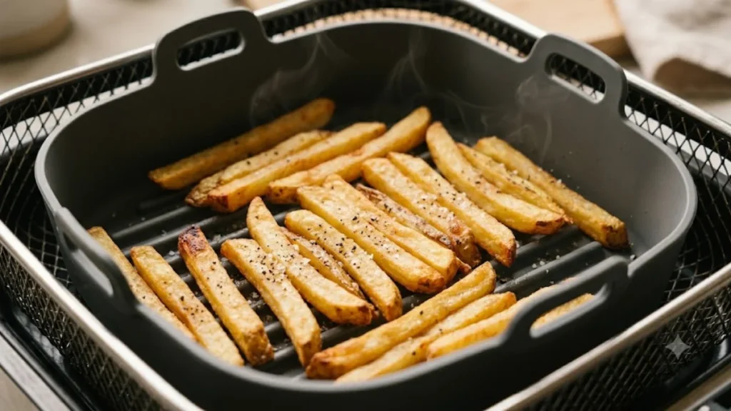 "Close-up photo of golden crispy french fries arranged in a single layer inside a ridged silicone air fryer liner, basket visible at the edges, steam rising slightly, warm kitchen lighting, appetizing realistic food photography.