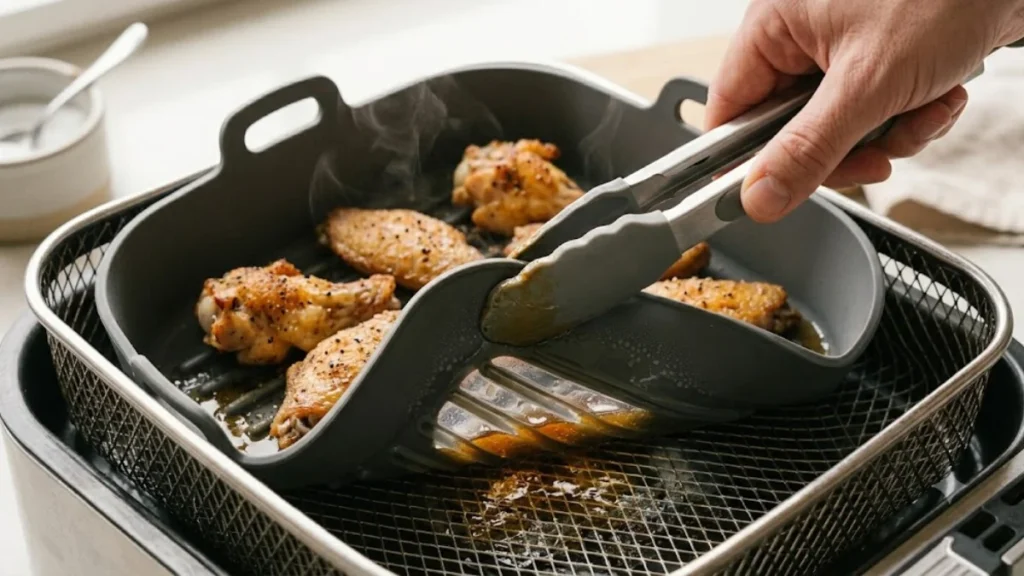 Close-up photo of a hand lifting a corner of a silicone air fryer liner with tongs, showing a small pool of grease and condensation underneath cooked chicken wing