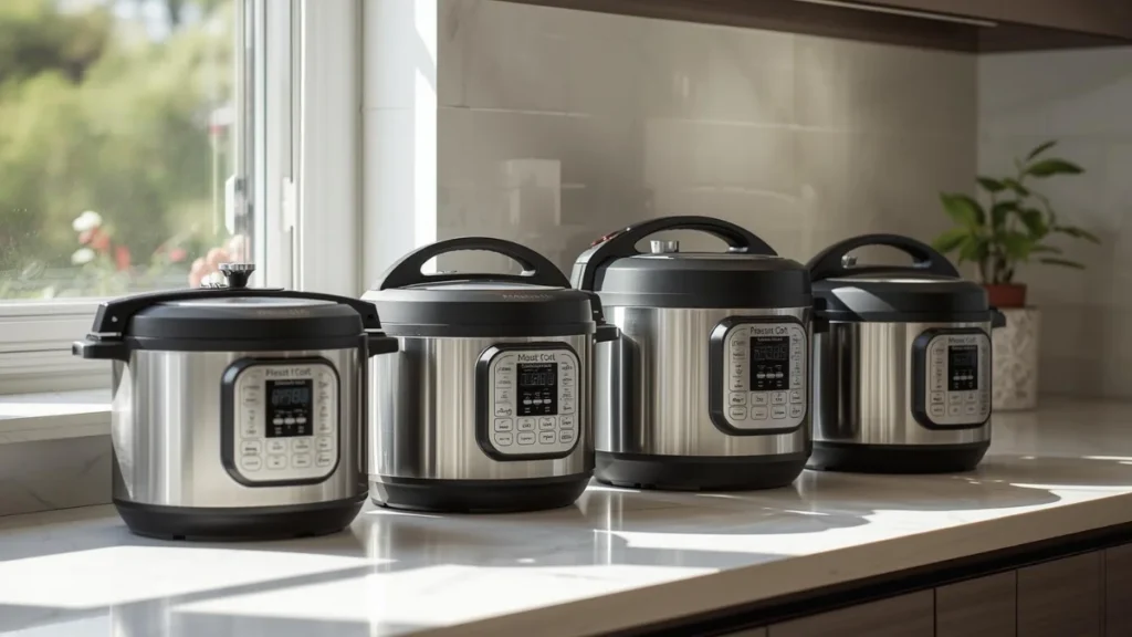 Four modern pressure cookers side-by-side on a kitchen counter