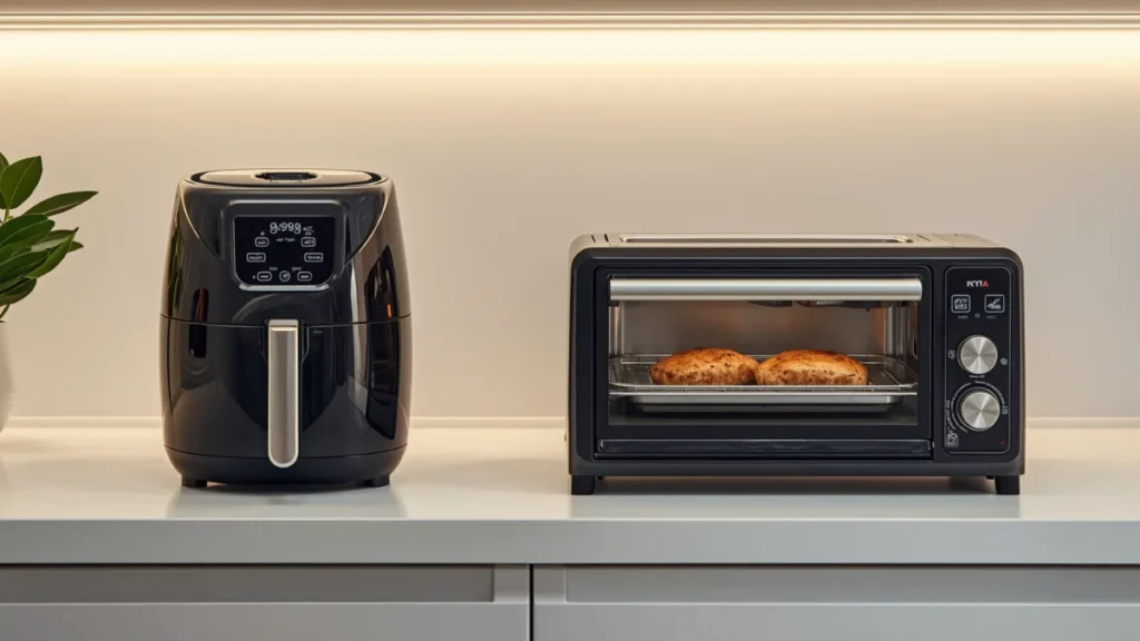 Air fryer and countertop oven side by side on kitchen counter representing electricity consumption comparison between both appliances