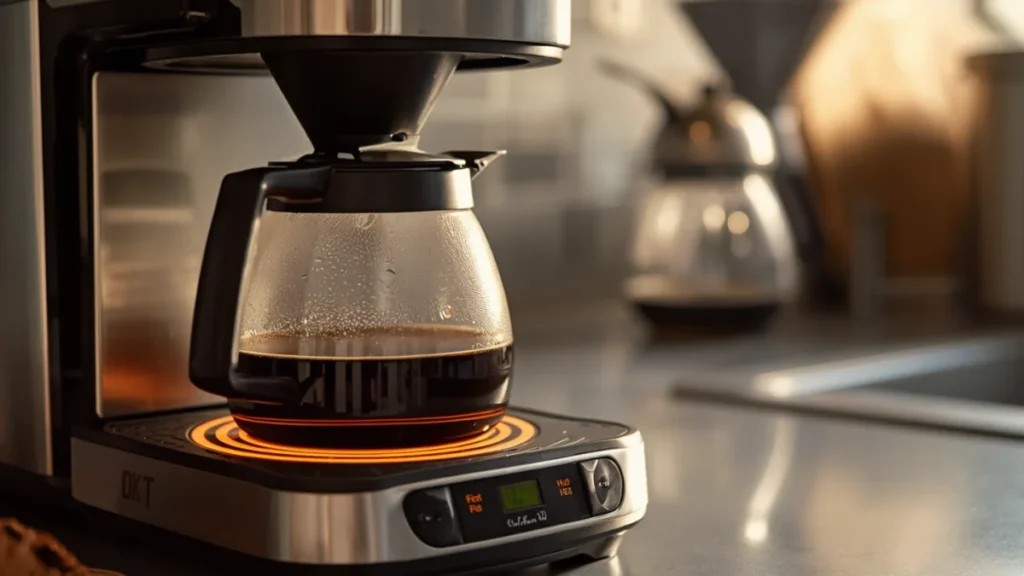 Drip coffee maker with glowing warming plate on kitchen counter representing standby electricity cost of coffee maker warming plates
