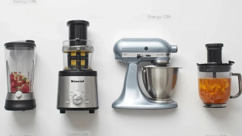 kitchen appliance energy consumption-Blender juicer stand mixer and food processor on white kitchen surface representing low electricity cost of small kitchen appliances per use