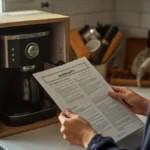 Person reading a warranty document next to a new espresso machine still in its box, kitchen counter