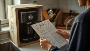 Person reading a warranty document next to a new espresso machine still in its box, kitchen counter