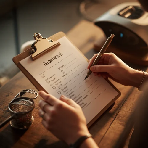 Close-up of hands reviewing a checklist on a clipboard next to a kitchen appliance
