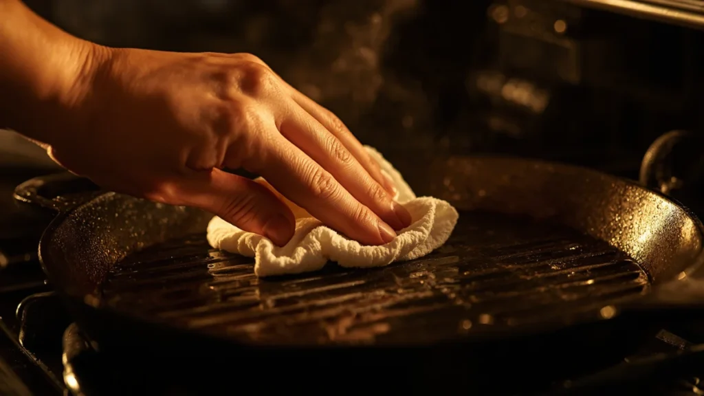 Hand seasoning a cast iron grill pan with a small amount of oil and a cloth, close-up, warm lighting, photorealistic