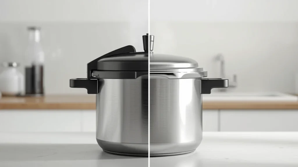 Split-frame image showing a pressure cooker lid closed on one side and steam being released from the valve on the other, against a clean neutral kitchen background
