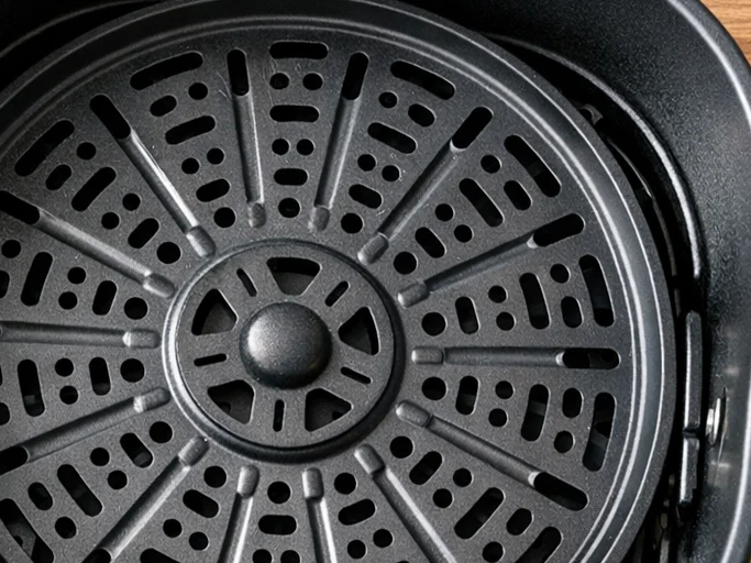 Close-up of an air fryer crisper plate and basket insert on a wooden countertop,