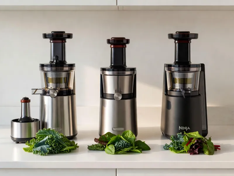 Three cold-press juicers photographed from front angle in a row on white kitchen counter, each showing distinct design difference: Tribest Slowstar (tall vertical, stainless steel, mincing attachment visible nearby), Omega VSJ843 (compact vertical, brushed metal finish), Ninja NeverClog (modern design, matte black, pulp control filters visible).