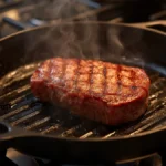 Cast iron grill pan on a gas stovetop with a steak showing clear crosshatch sear marks
