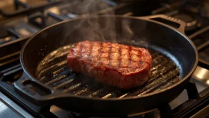 Cast iron grill pan on a gas stovetop with a steak showing clear crosshatch sear marks