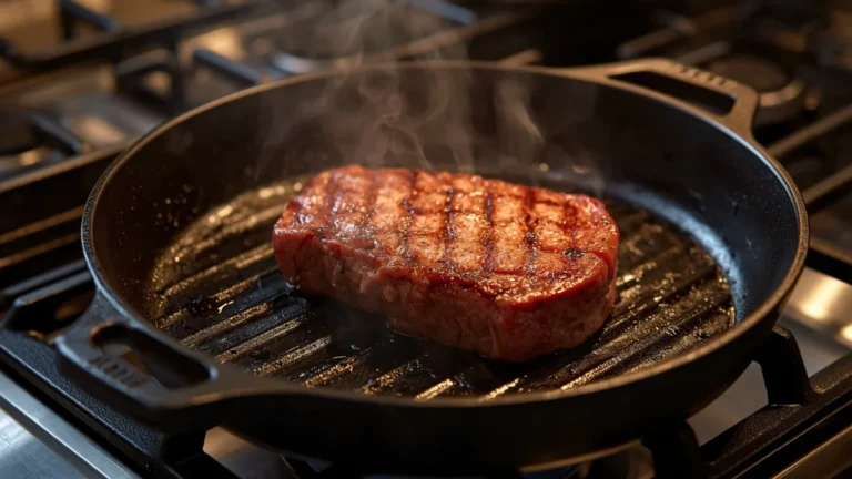 Cast iron grill pan on a gas stovetop with a steak showing clear crosshatch sear marks