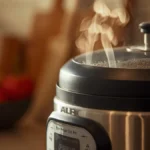 Close-up of an electric pressure cooker venting steam through the valve on a kitchen counter under warm lighting.