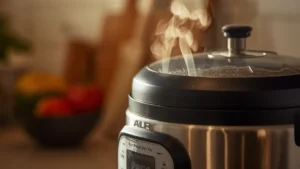 Natural Release vs. Quick Release Pressure Safely: A Complete Guide 33 Close-up of an electric pressure cooker venting steam through the valve on a kitchen counter under warm lighting.