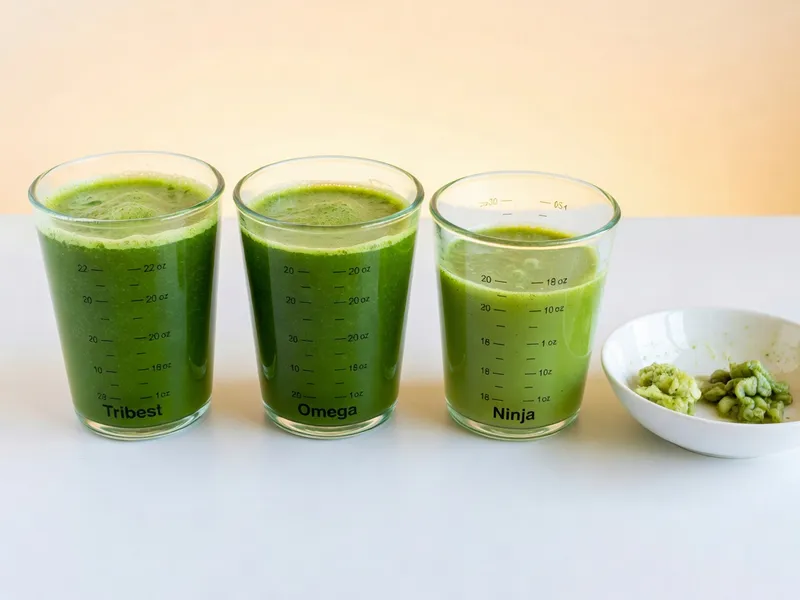 Three clear glass measuring cups arranged left-to-right showing different juice volumes: Tribest (left) filled to 22 oz mark with vibrant green juice, Omega (center) at 20 oz, Ninja (right) at 18 oz. Fresh pulp visible in bowl beside (increasingly wet texture left to right showing extraction efficiency).