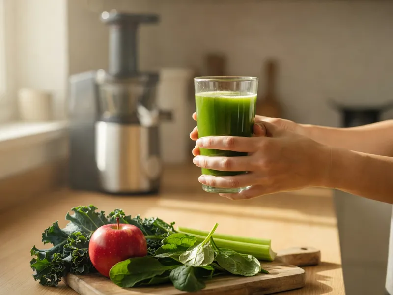 Woman's hands holding tall glass of fresh vibrant green juice, morning kitchen setting, soft golden sunlight through window, cold-press juicer (softly out-of-focus background on counter), fresh leafy greens (kale, spinach, celery) and apple nearby on wooden cutting board