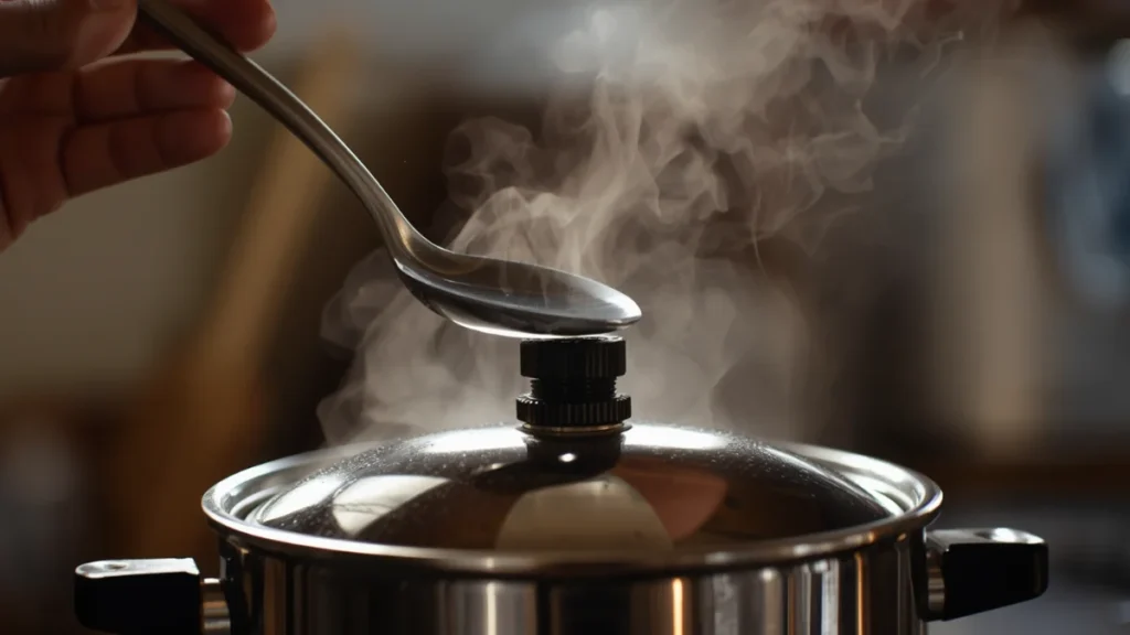  A hand uses a long spoon to safely flip a pressure cooker steam release valve from a distance in a warmly lit kitchen