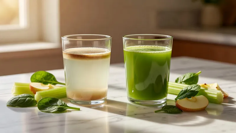 Two glasses of fresh juice side-by-side on white marble surface: left glass contains pale, oxidized juice (slightly brown tint, separated layers visible), labeled implicitly "high-speed juicer"; right glass contains bright vibrant green juice (clear, homogeneous color, no separation), labeled implicitly "cold-press juicer