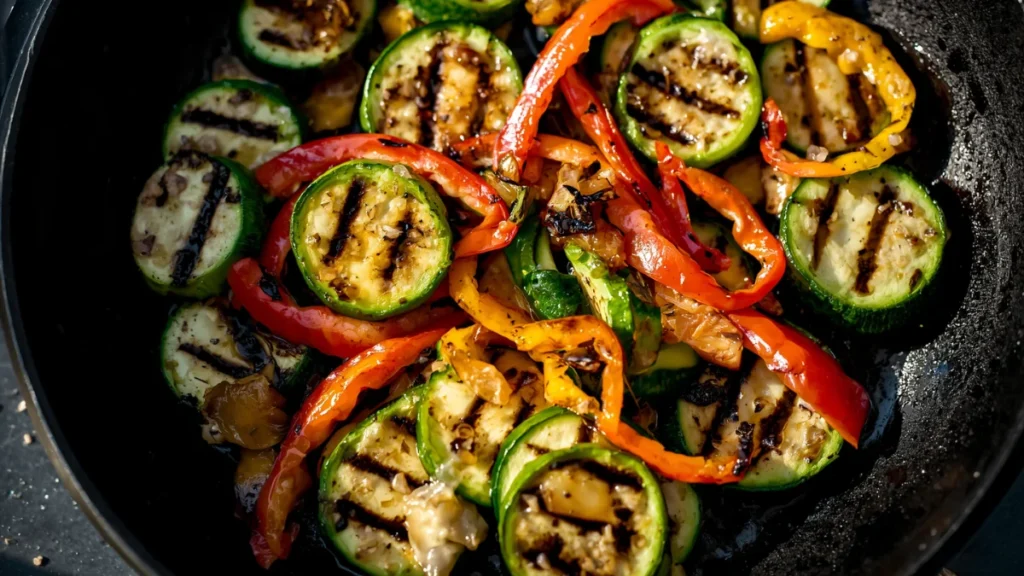 Sliced zucchini and peppers with grill marks on a cast iron grill pan