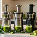 Three cold-press juicers arranged side-by-side on white kitchen counter: Tribest Slowstar left, stainless steel , Omega VSJ843 center, Ninja NeverClog -right