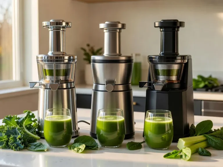 Three cold-press juicers arranged side-by-side on white kitchen counter: Tribest Slowstar left, stainless steel , Omega VSJ843 center, Ninja NeverClog -right