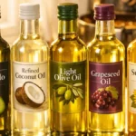 Five bottles of cooking oils (avocado, refined coconut, light olive, grapeseed, sunflower) arranged on white kitchen counter