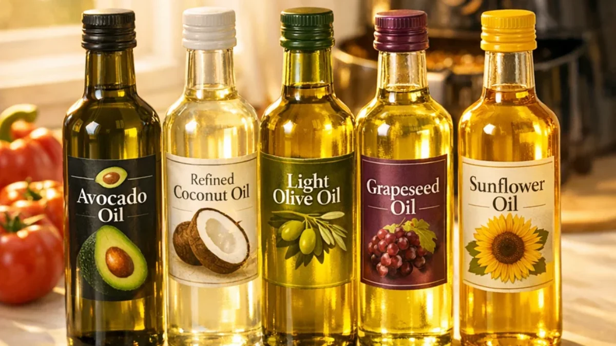 Best Oils for Air Fryer Cooking (Smoke Points Explained) 1 Five bottles of cooking oils (avocado, refined coconut, light olive, grapeseed, sunflower) arranged on white kitchen counter