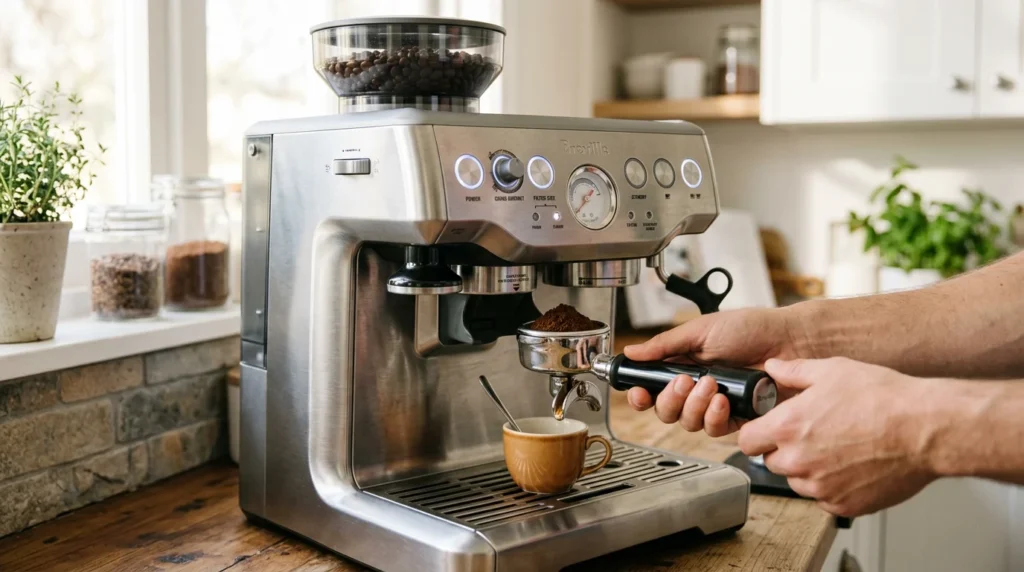 Breville Barista Express espresso machine (front 3/4 view), portafilter with freshly ground coffee being attached, steam wand visible, professional stainless steel finish, espresso cup positioned below group head,