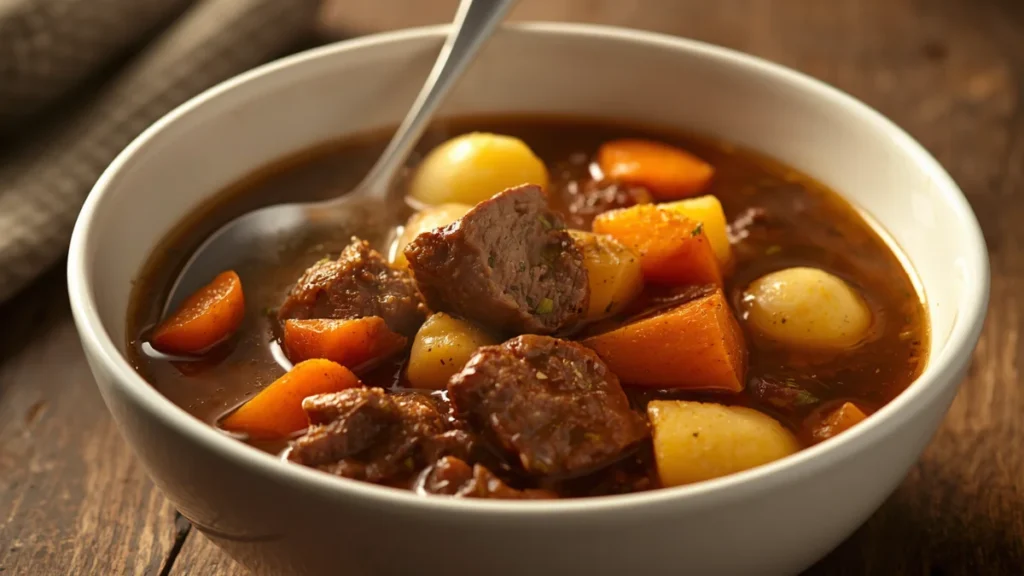 Instant Pot Pressure Cooking Times Chart: Common Foods + Conversions 2 Bowl of perfect Instant Pot beef stew: tender meat chunks, carrots, potatoes in rich brown broth, spoon resting in bowl, white ceramic, wooden table, warm soup steam visible