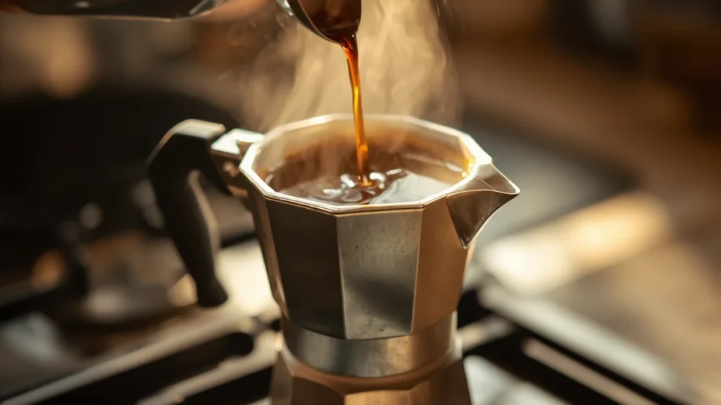 Moka Pot on stovetop (gas burner visible), steam rising from top chamber, 