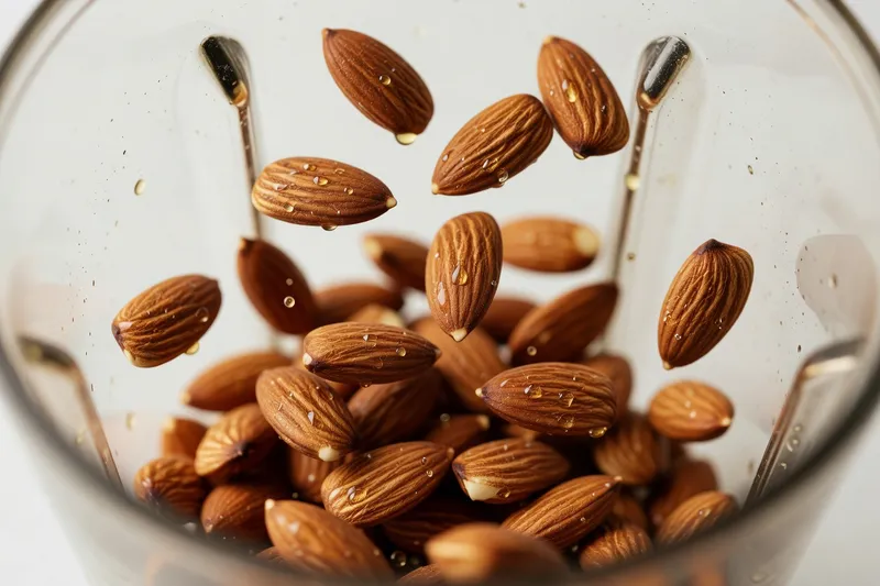 Close-up macro shot of raw almonds in motion inside blender (frozen moment), visible oils glistening on nut surfaces