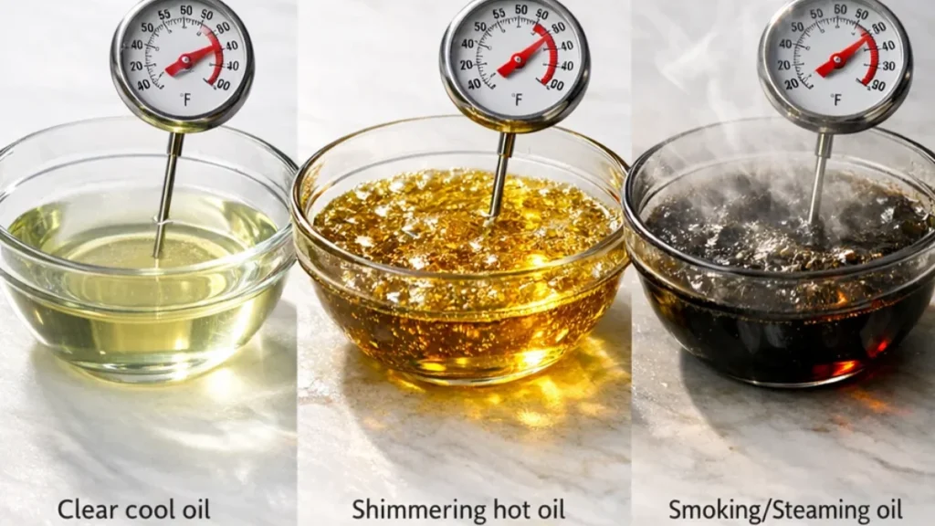 Best Oils for Air Fryer Cooking (Smoke Points Explained) 2 Visual comparison of oil at different temperatures: (1) clear cool oil in glass bowl, (2) shimmering hot oil, (3) smoking/steaming oil, three glass bowls arranged horizontally