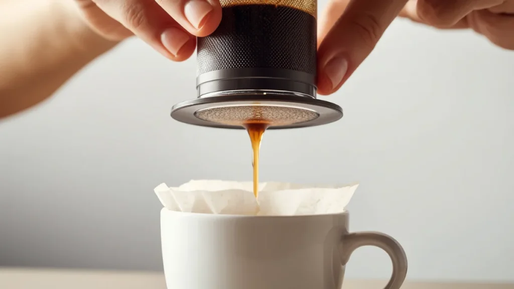 Hands pressing down on AeroPress plunger (mid-action, frozen moment), coffee dripping into white ceramic cup below, paper filter visible