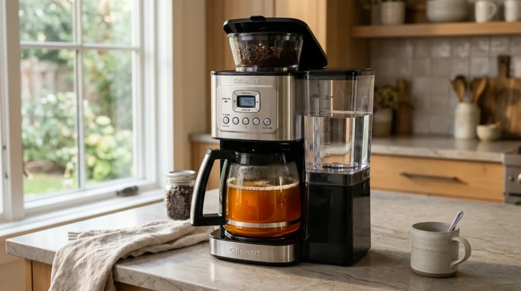 Cuisinart 12-cup coffee maker with integrated burr grinder on counter, full carafe of brewed coffee, water reservoir visible