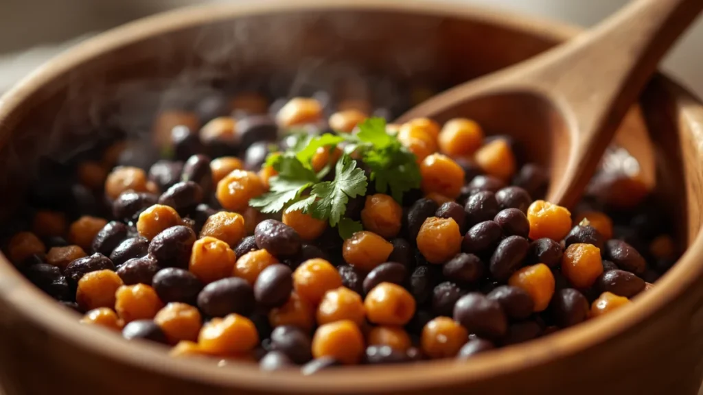 Instant Pot Pressure Cooking Times Chart: Common Foods + Conversions 3 Close-up of perfectly cooked black beans and chickpeas in wooden bowl, steam rising, fresh cilantro garnish, wooden spoon